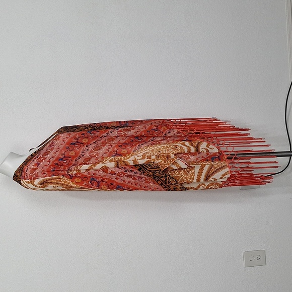 Entro Red Orange Paisley Print Hippie Bohemian Wide Sleeve Fringe Hem Kimono -M - Picture 6 of 12